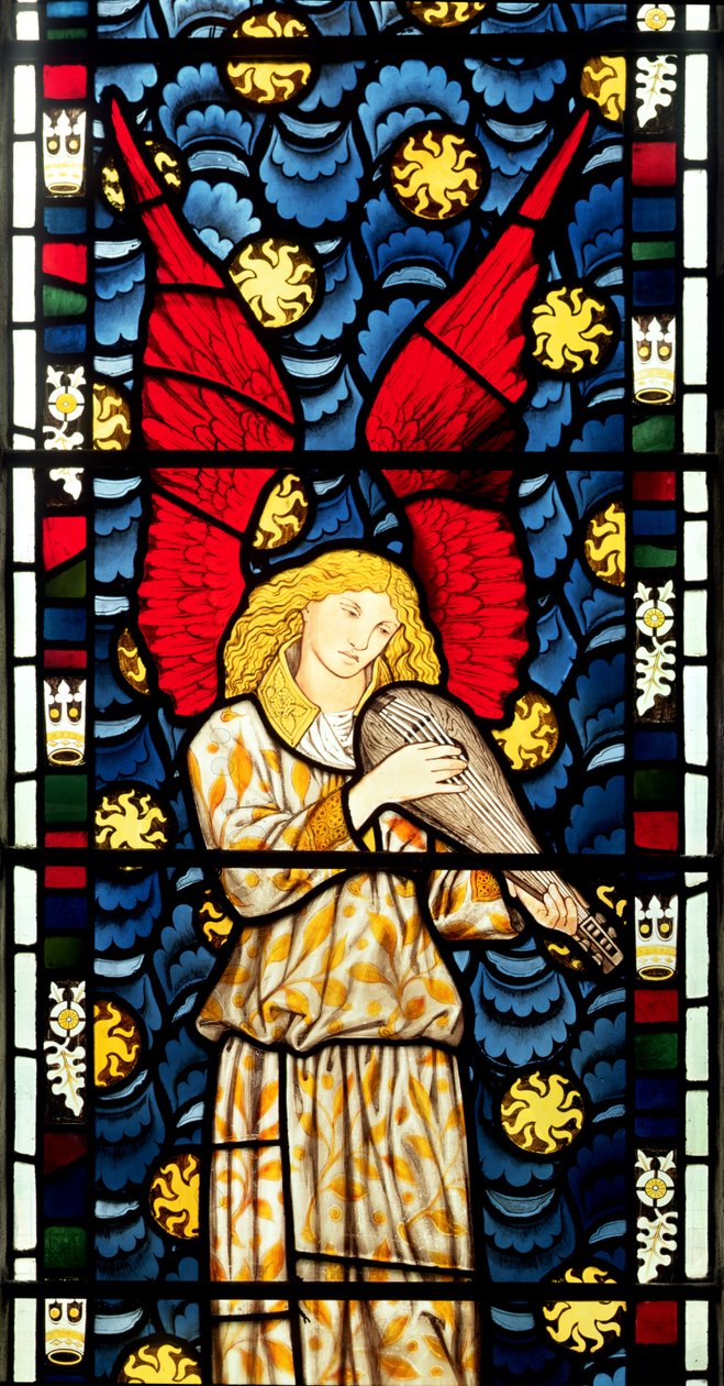 Anjo tocando o alaúde, detalhe do centro inferior da janela dos anjos, 1869 (vitral) (ver também 120165) de William Morris