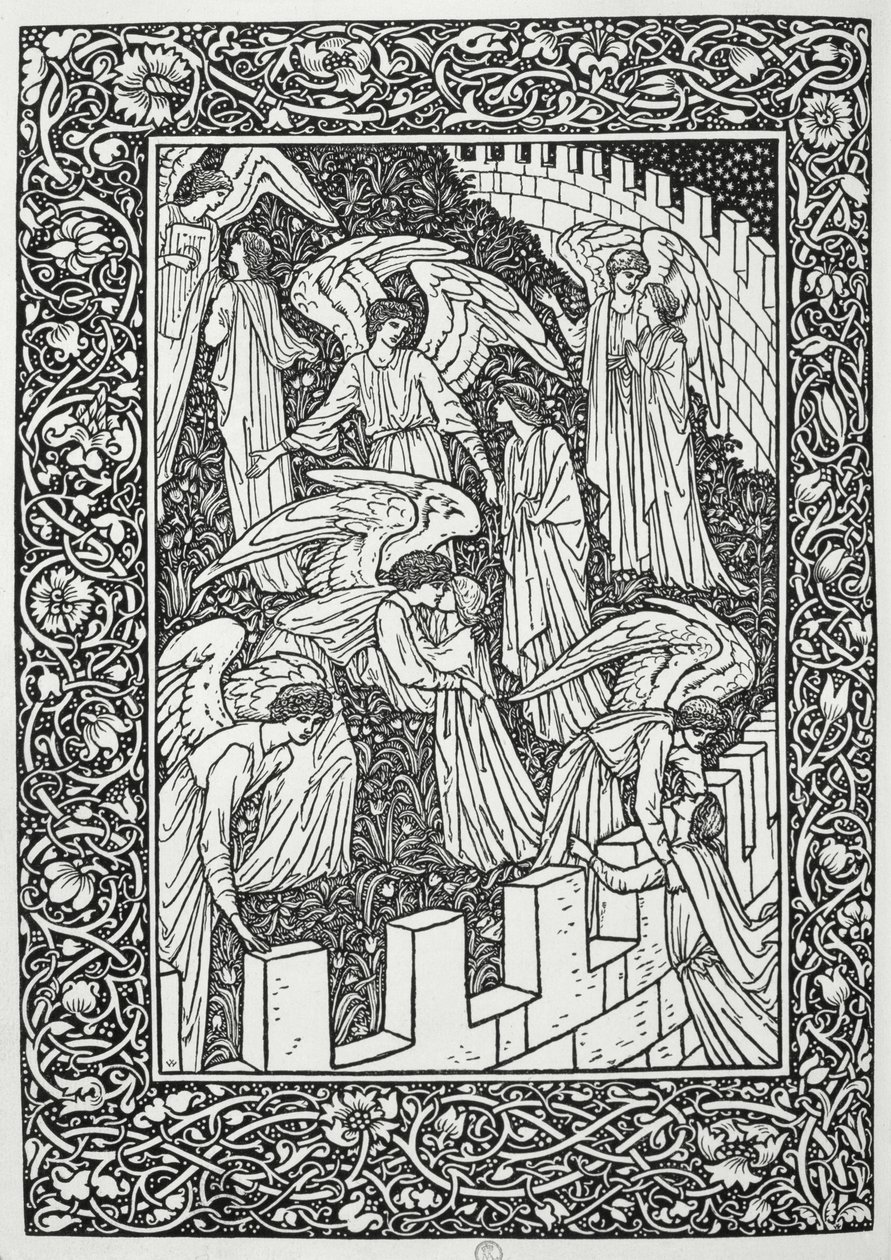 Anjos por trás do santuário interior, de "The Kelmscott Chaucer", publicado pela Kelmscott Press, 1896 de William Morris