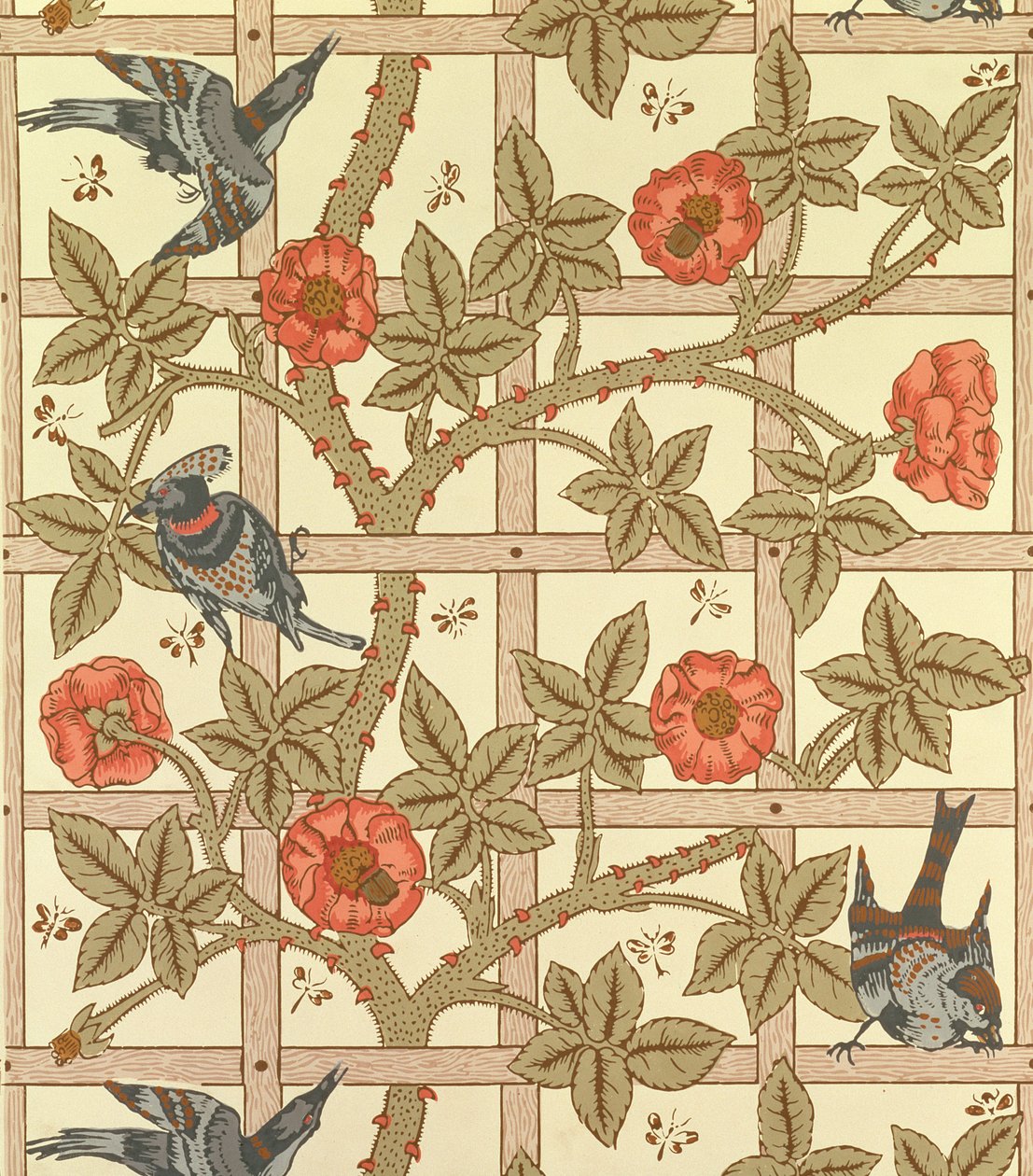 Design de papel de parede de treliça azul e laranja, 1864 de William Morris