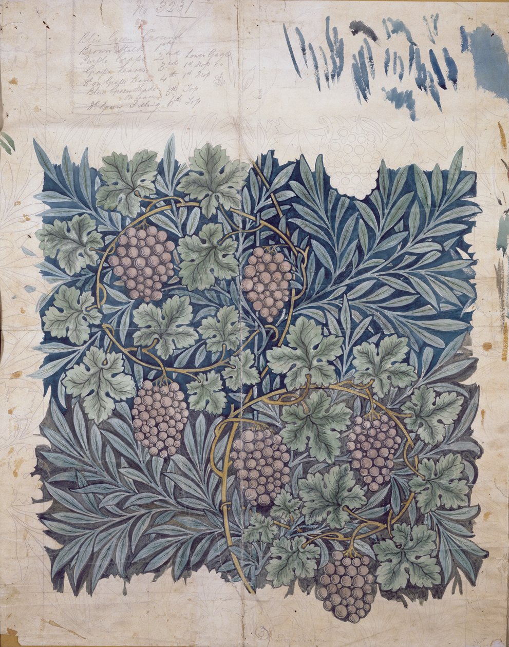 Design de folha e uva para papel de parede &39;Vine&39; (lápis e wc no papel) de William Morris