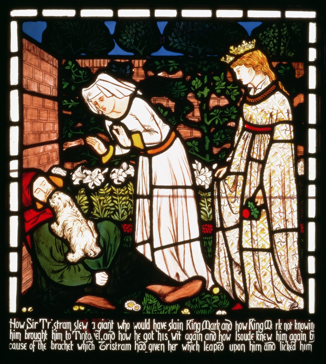 Sir Tristan é reconhecido pelo cão de Isolde the Fair, de "A História de Tristão e Isolda", William Morris und Co. (vitral) de William Morris
