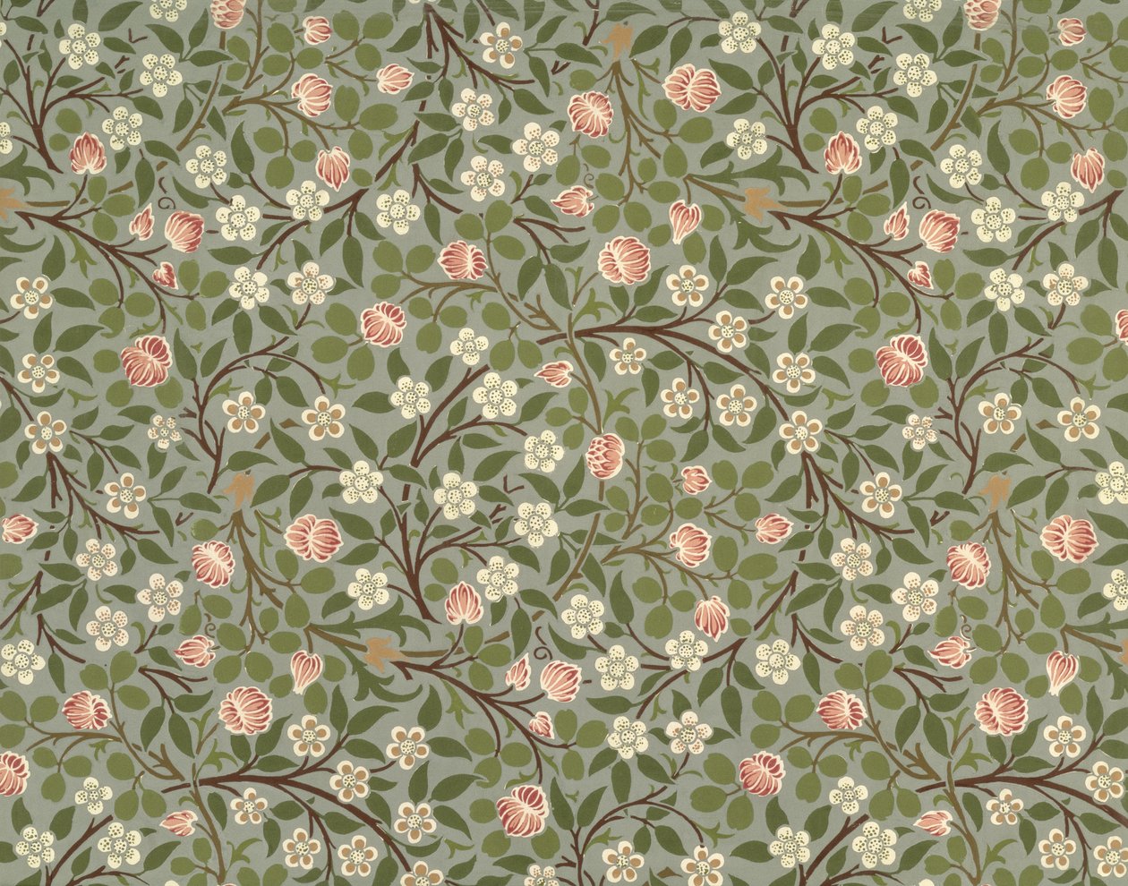 Design de papel de parede pequena flor rosa e branca de William Morris