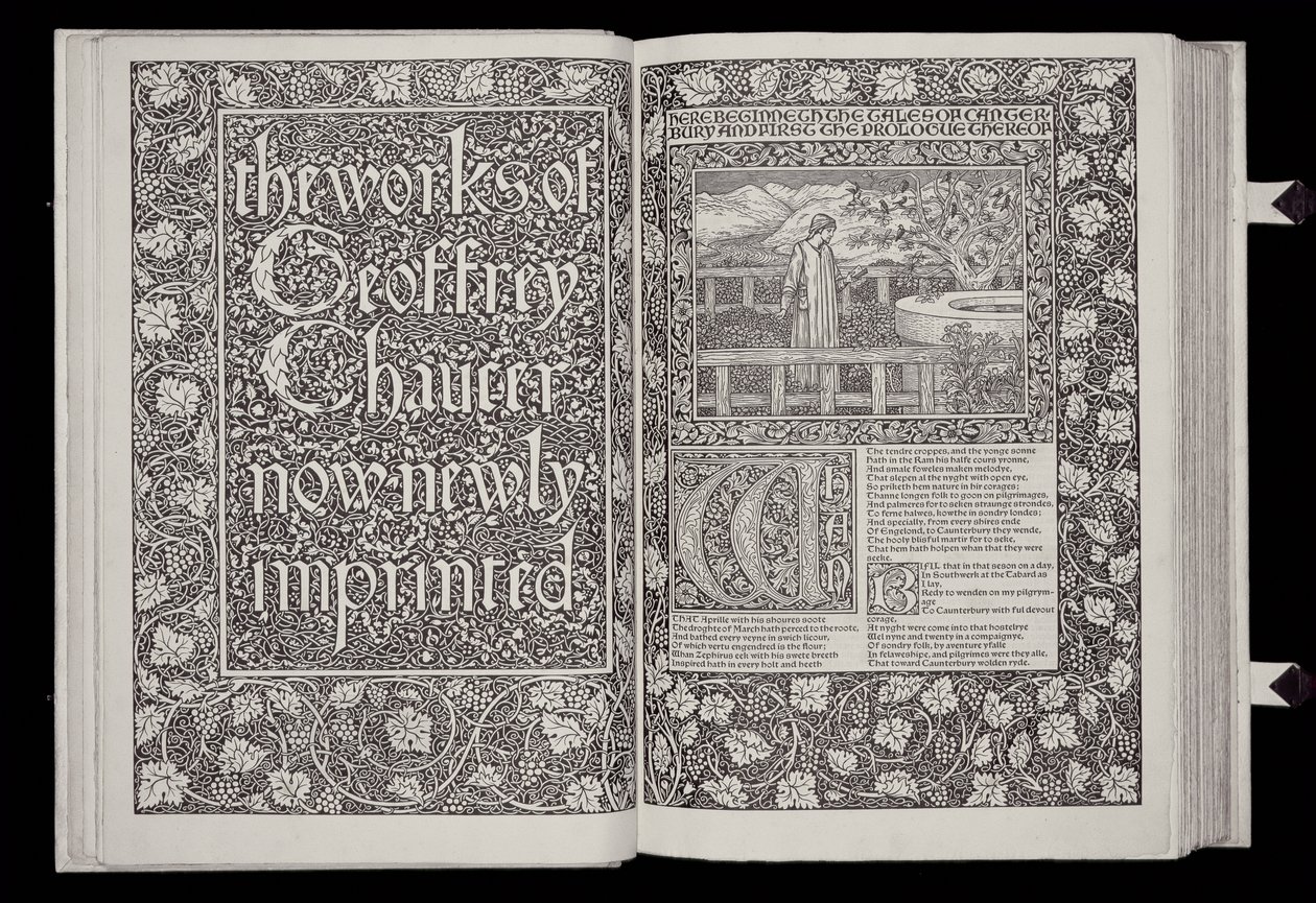 Página de título e frontispício de &39;The Works of Geoffrey Chaucer&39;, publicado pela Kelmscott Press, 1896 (tipo woodcut und black no papel) de William Morris