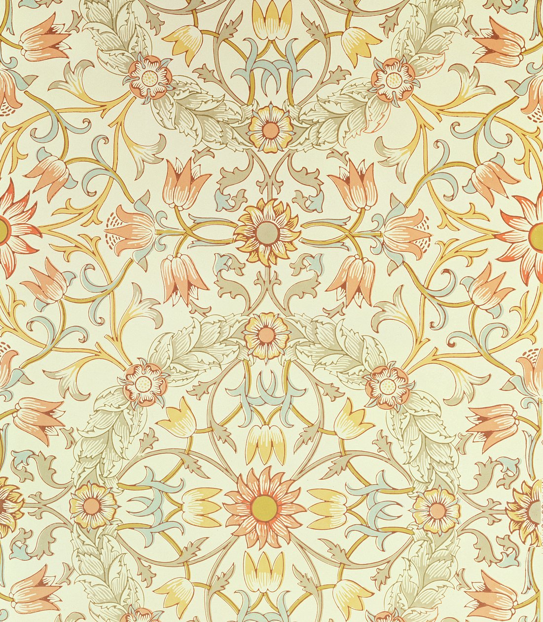 Papel de parede com desenho floral de lírios cercados por rosas desenhado por William Morris (1834-96) de William Morris