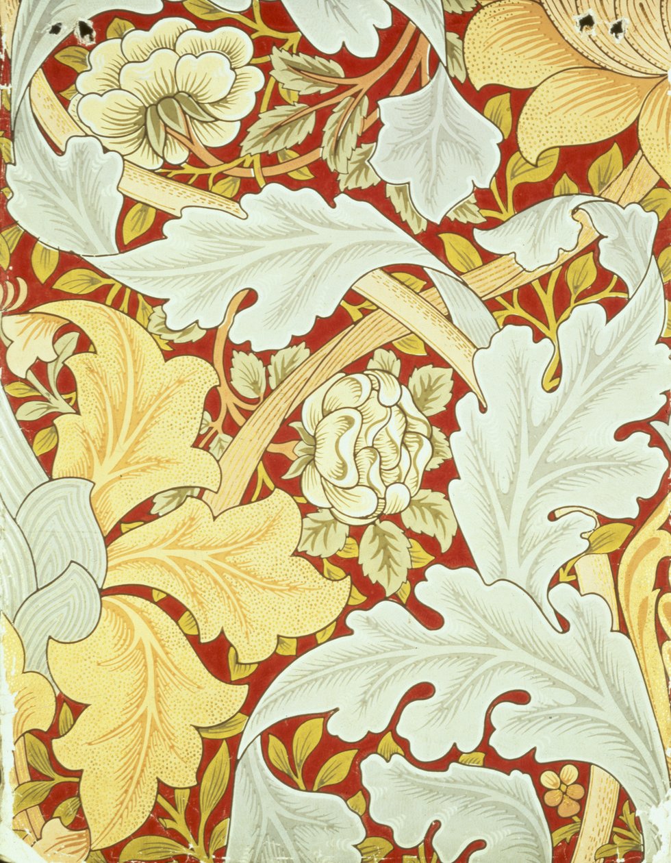 Papel de parede com folhas de acanto e rosas silvestres em um fundo carmesim desenhado por William Morris (1834-96) de William Morris