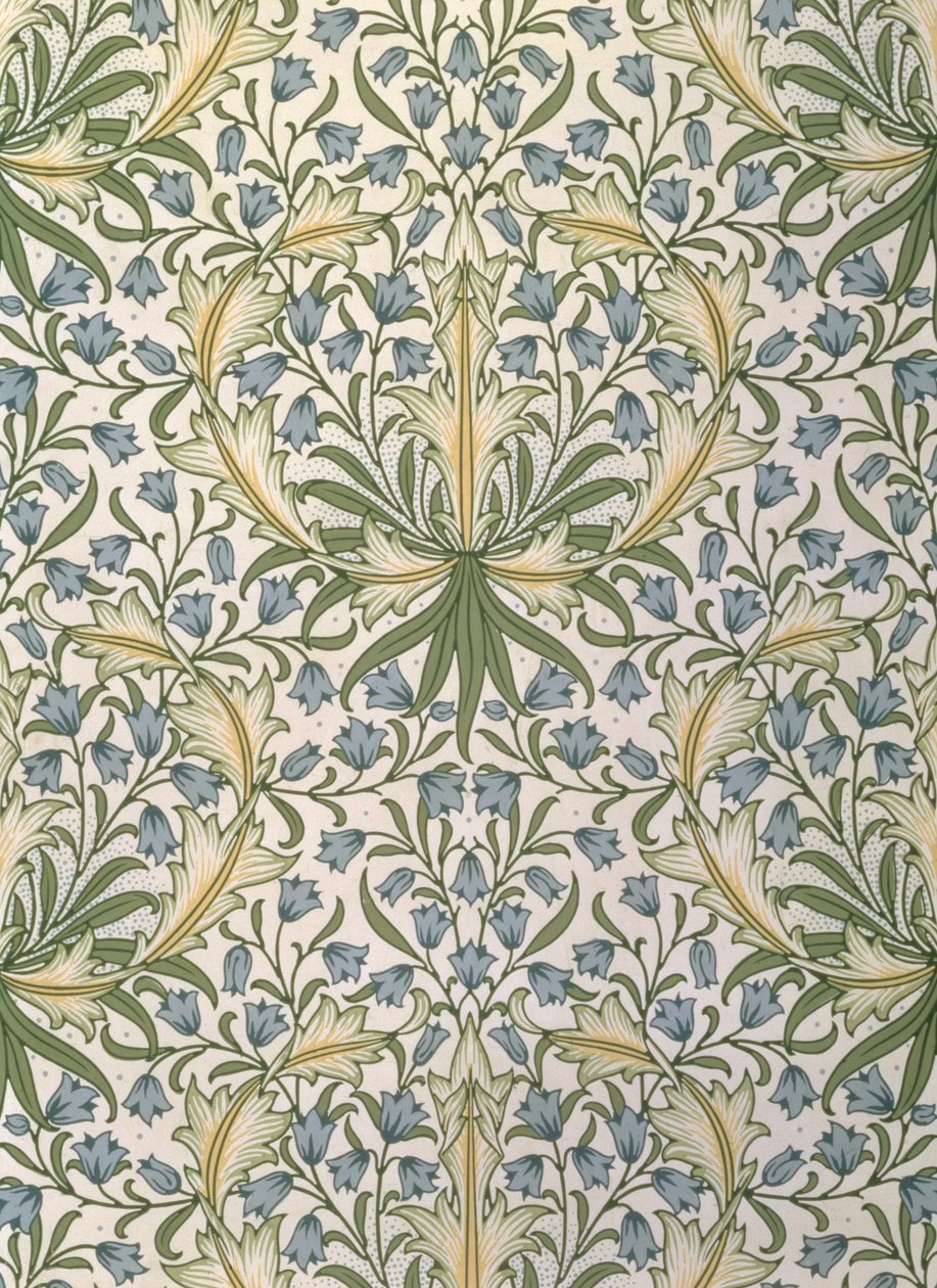 Papel de parede com pequenas flores azuis dentro da grande folhagem verde desenhada por William Morris (1834-96) de William Morris