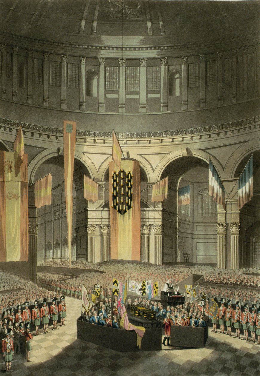 A cerimônia do enterro de lorde Nelson, na catedral de São Paulo, de "A história e a vida gráfica de Nelson", tirada de um estudo feito pelo Rev. Holt Waring, gravado por J. Clarke e J. Handle, 180 de William Orme