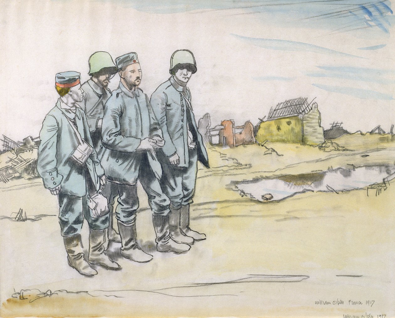 Quatro presos alemães por uma vila francesa, 1917 (carvão e wc no papel) de William Orpen