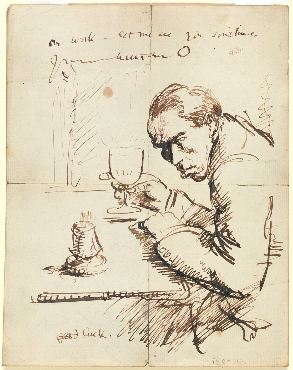 Auto-retrato (caneta e tinta marrom no papel) de William Orpen