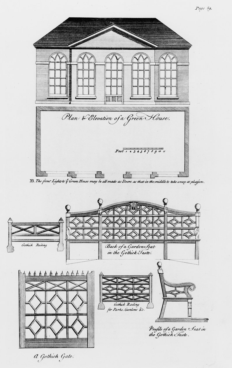 Plano e elevação de uma casa verde e desenhos de jardins em estilo gótico, de "The Builder&39;s Companion and Workman&39;s General Assistant", publicado em 1783 de William Pain