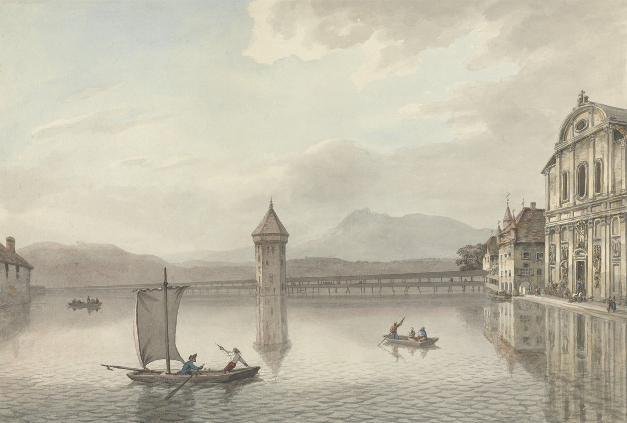 A View at Lucerne (caneta e tinta com wc sobre grafite sobre papel) de William Pars