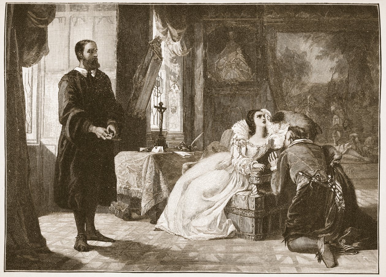 John Knox reprovando Mary, Rainha dos Escoceses, ilustração de "A Igreja da Inglaterra: Uma História para o Povo" por HDM Spence-Jones, pub. c.1910 (foto sépia) de William Powell Frith