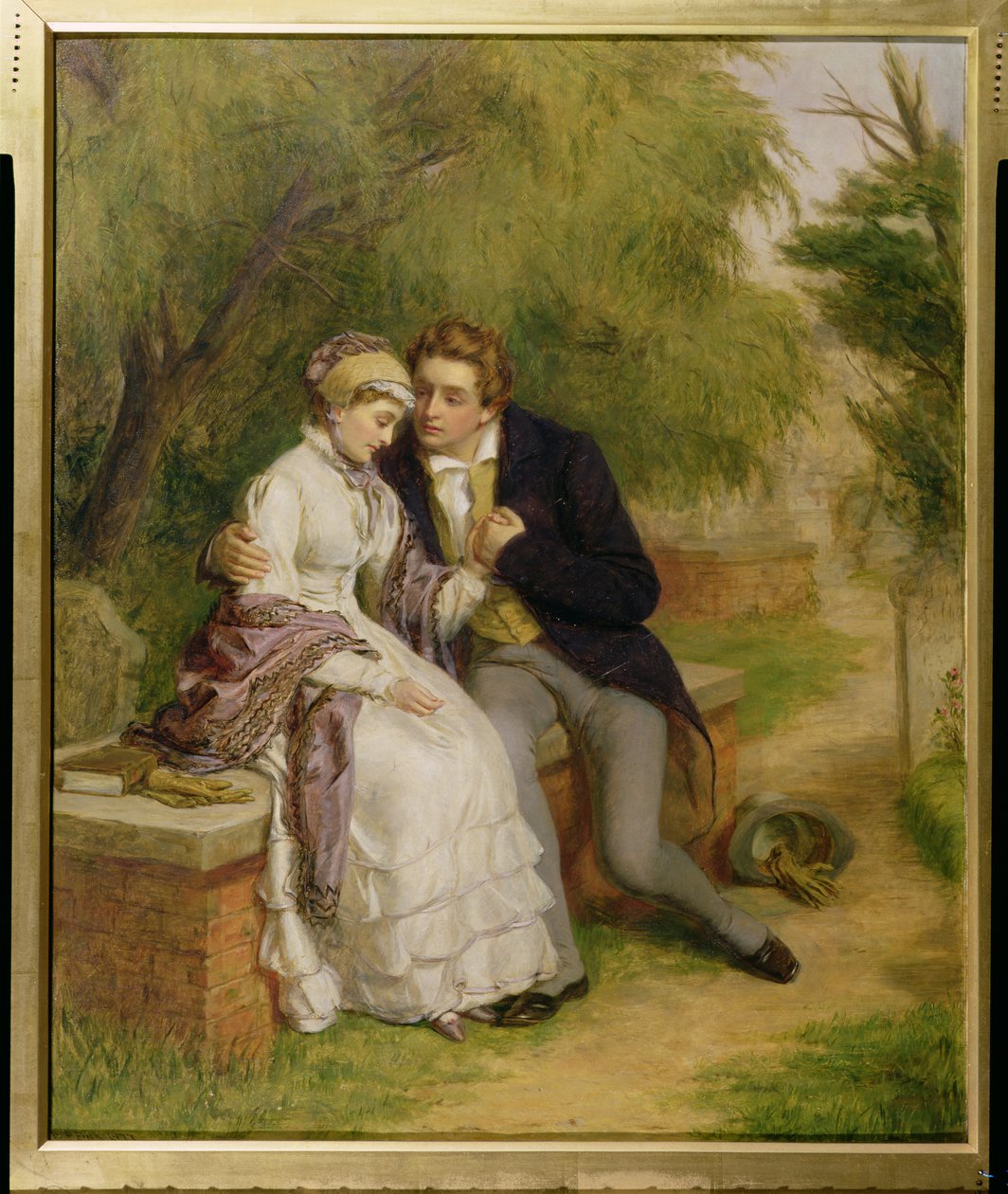 O assento do amante: Shelley (1792-1822) e Mary Godwin no antigo pátio da igreja de St. Pancras, 1877 de William Powell Frith