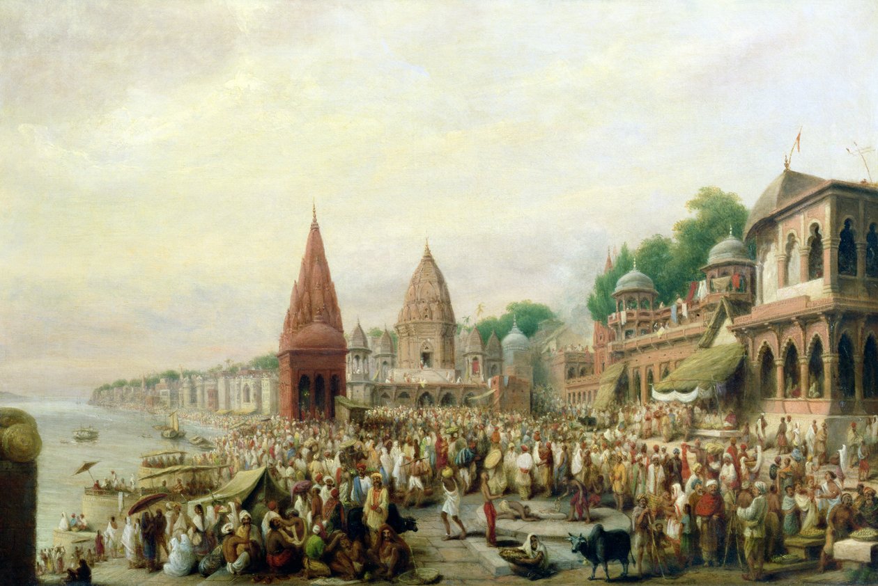 Uma visão de Dasaswanadh Ghat, Benares, durante o Festival Dassera de William Prinsep