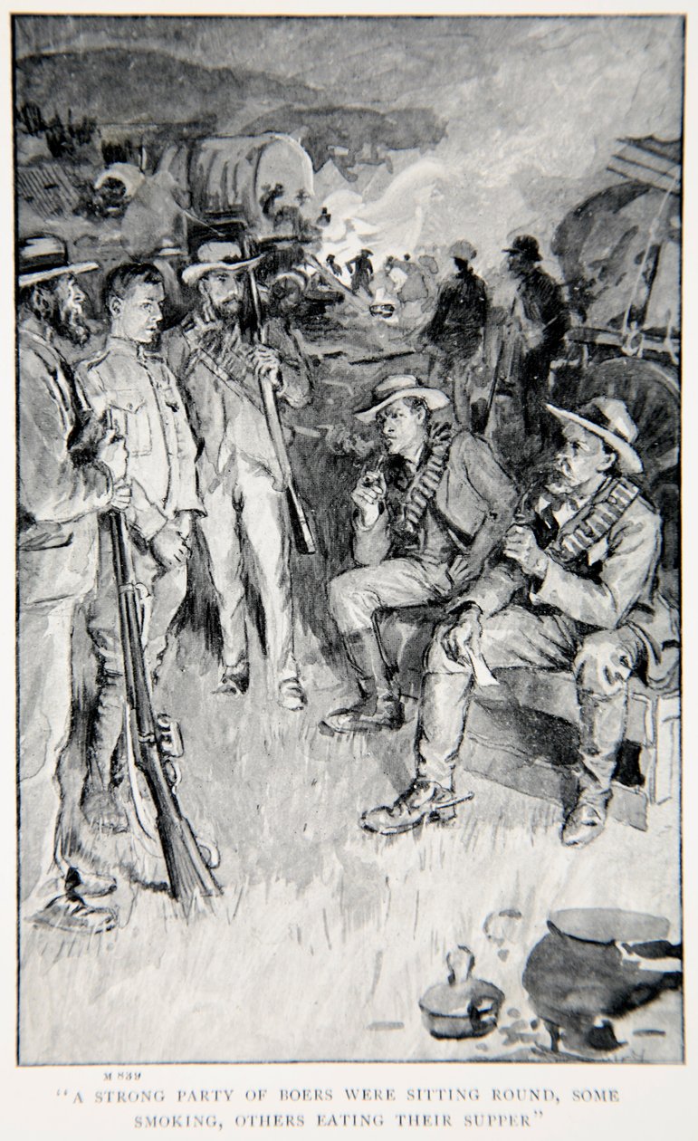 Um grupo forte de bóeres estava sentado, alguns fumando, outros comendo sua ceia, uma ilustração de "With Roberts to Pretoria: A Tale of the South African War", de GA Henty, pub. Londres, 1902 de William Rainey