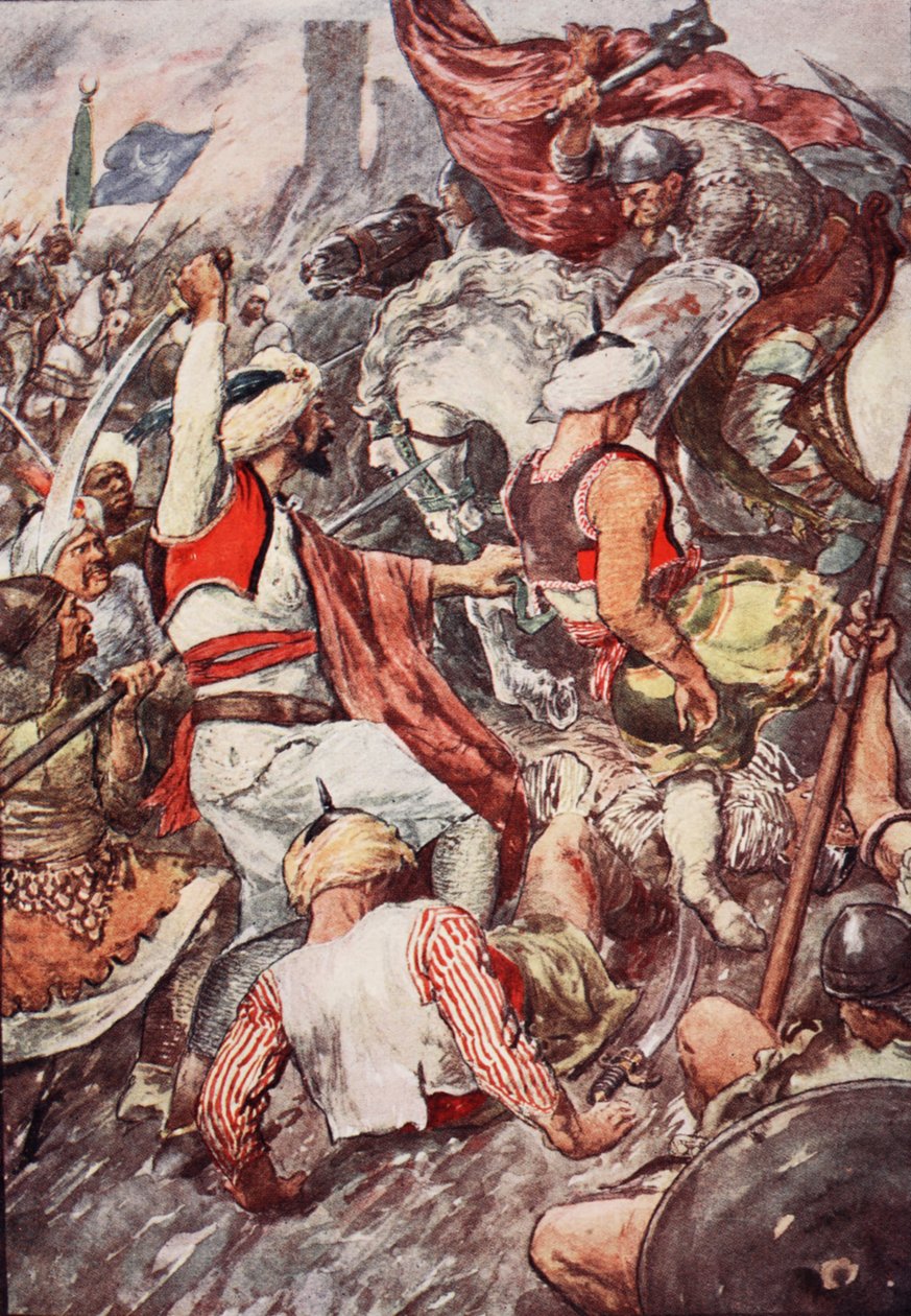 "Por causa do Golpe Pesado Duque Charles Regado sobre os Sarracenos, ele foi Chamado Charles o Martelo", ilustração de "A História da França Contada a Meninos e Meninas", de Mary Macgregor, 1920 (cor li de William Rainey