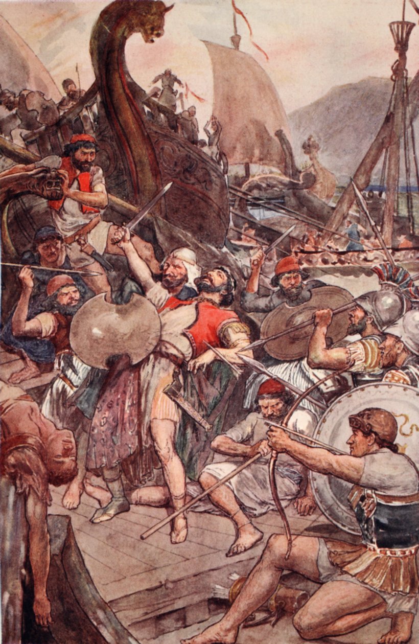 Morte do almirante persa em Salamina, ilustração de "Vidas de Plutarco para meninos e meninas", recontada por WH Weston, Londres c.1910 de William Rainey