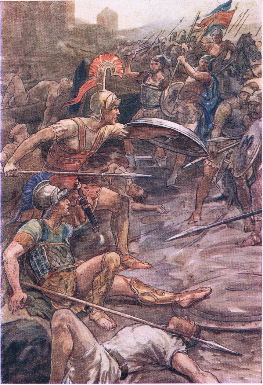 Epaminondas defendendo Pelopidas, de Plutarch Lives publicado por TC & EC Jack Ltd, década de 1920 de William Rainey