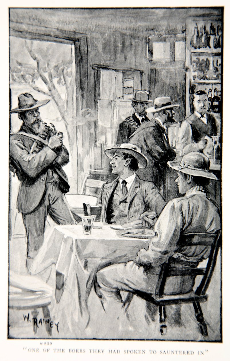 Um dos bôeres com quem haviam falado passou uma ilustração de "With Roberts to Pretoria: Um conto da guerra sul-africana", de GA Henty, pub. Londres, 1902 de William Rainey