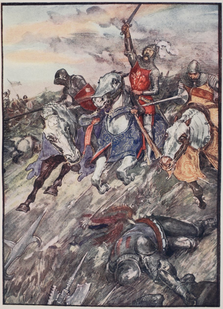 "Eles correram para a peleja como loucos curvados sobre a morte súbita", prato de "A história da França", de Mary MacGregor, 1920 (litografia colorida) de William Rainey