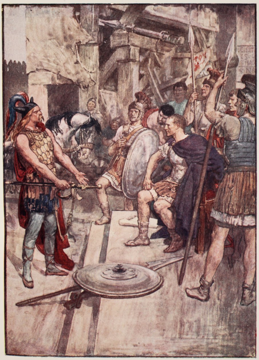&39;Vercingetorix jogou seus braços nos pés de seus conquistadores&39;, prato de &39;A história da França&39; por Mary MacGregor, 1920 (litografia colorida) de William Rainey