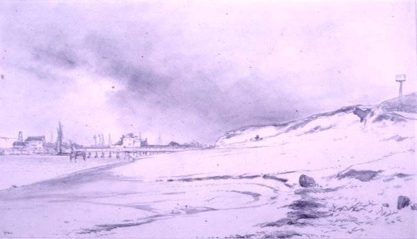 Margem do Rio, com píer e edifícios de William Roxby Beverly