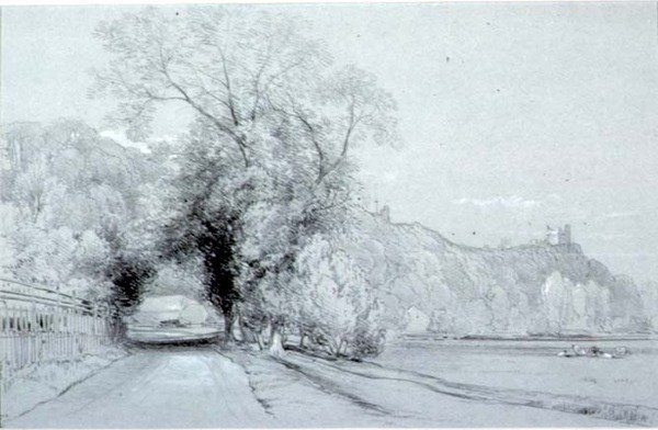 Estrada, bordando, prados, e, um, castelo de William Roxby Beverly
