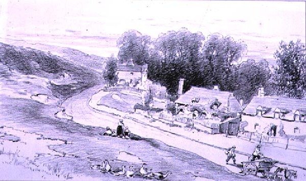 Estrada com casas de campo, carrinhos e gansos, do século XIX de William Roxby Beverly
