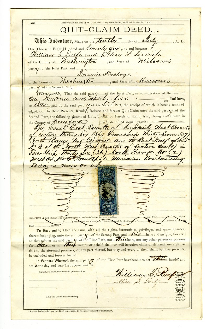 Pare de reivindicar escritura de William S. Reefe e Alice L. Reefe do Condado de Washington, 10 de julho de 1871 de William S. Reefe