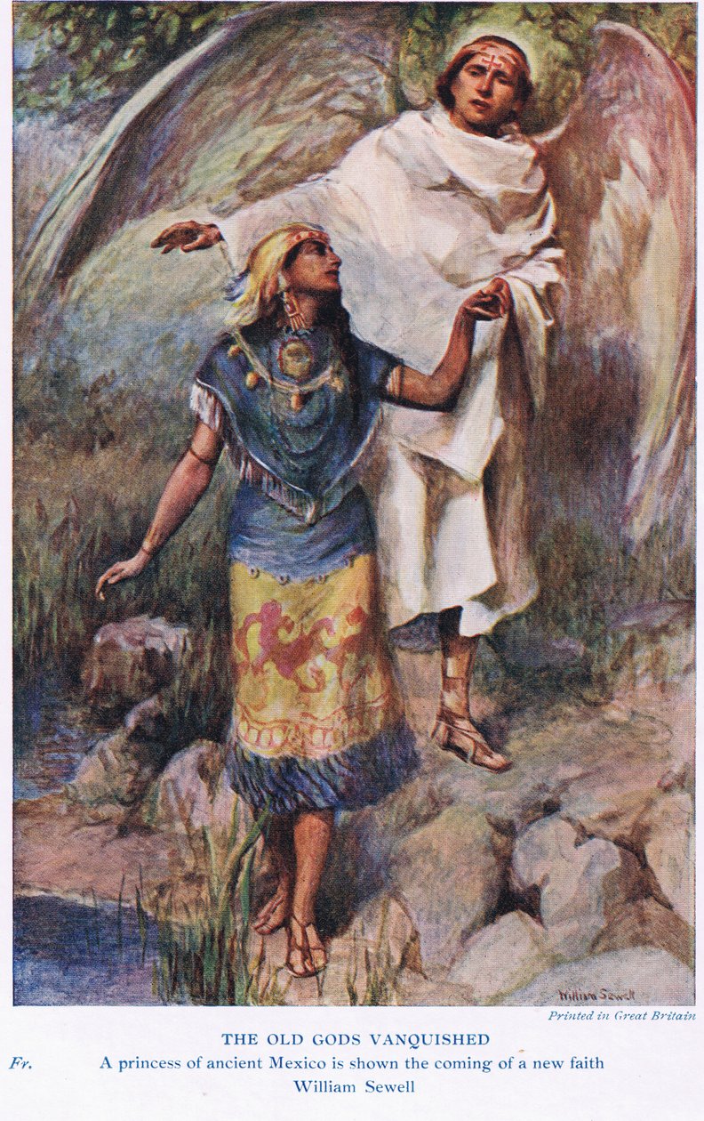 Os antigos deuses vencidos - Uma princesa do México é mostrada a vinda de uma nova fé, ilustração de "O Livro dos Mitos" de William Sewell