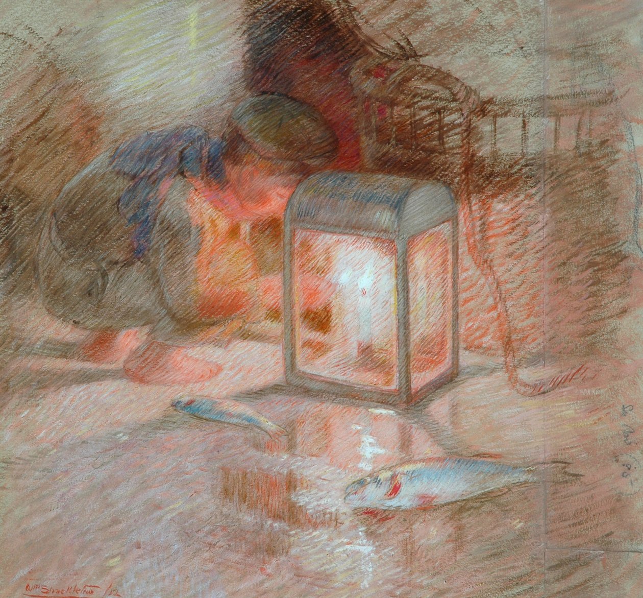 Menino com lanterna (um estudo para &39;The Mackerel Nets&39;), 1912 (óleo sobre papel) de William Shackleton