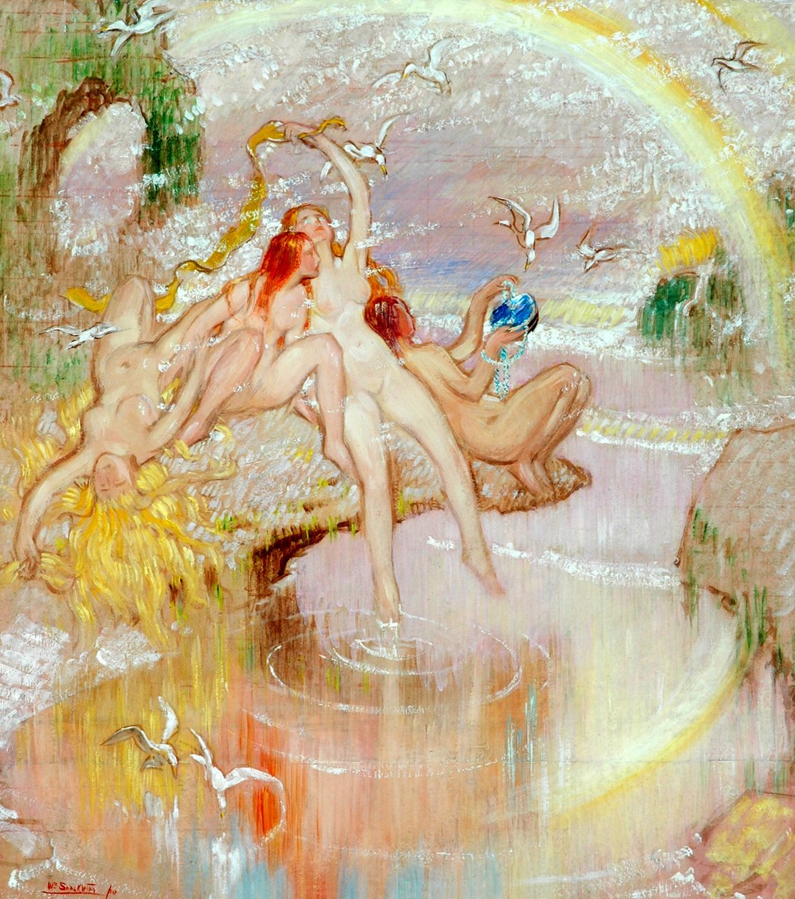 Idyll romântico, 1920 (óleo no papel) de William Shackleton
