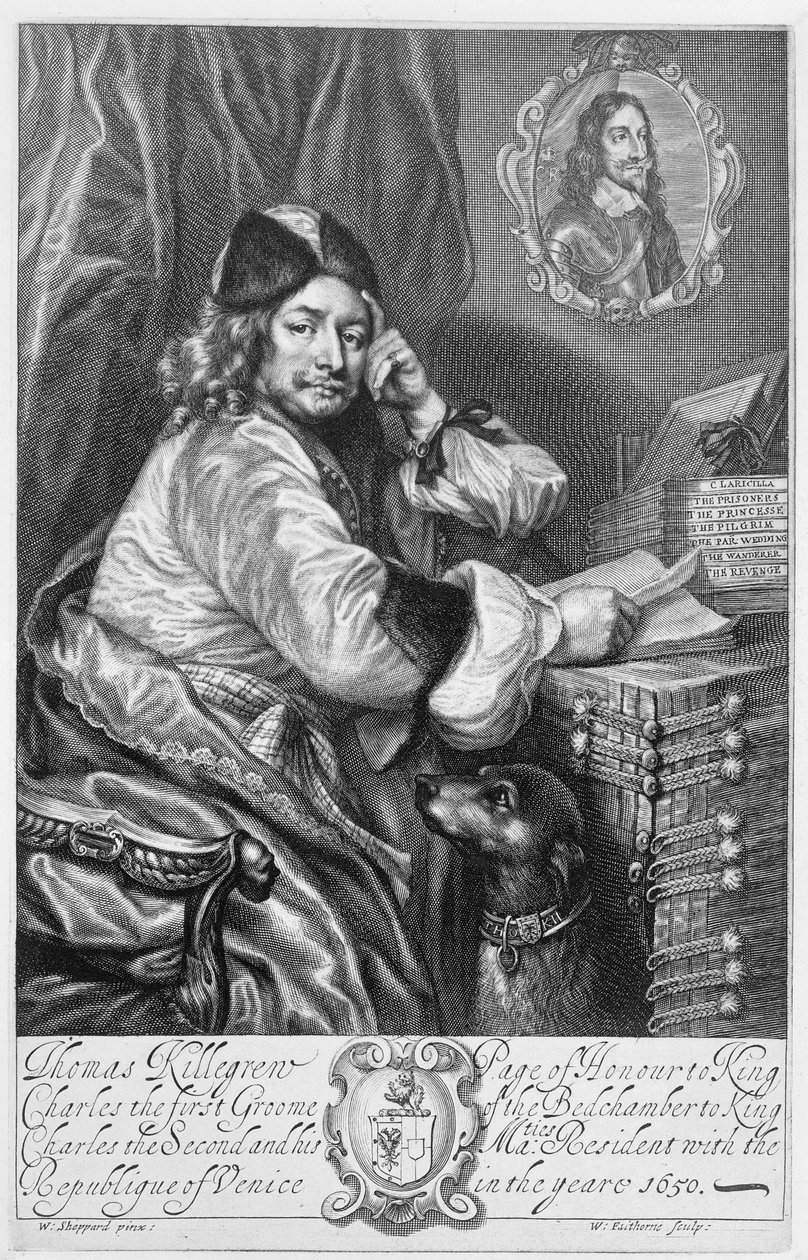 Retrato de Thomas Killigrew (1612-83) Dramaturgo de Restauração, frontispício de suas Obras, gravado por William Faithorne (1616-91) 1664 de William Ludlow Sheppard