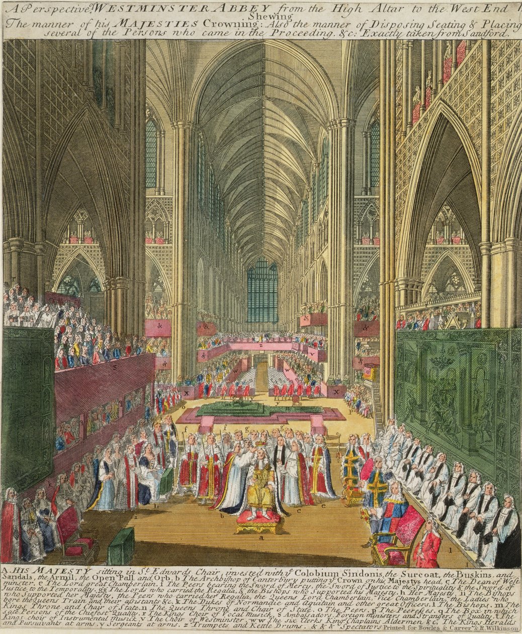 A coroação do rei James II (1633-1701) de um livro comemorativo de Francis Sandford, publicado pela primeira vez em 1697 (gravura a cores) de William Sherwin