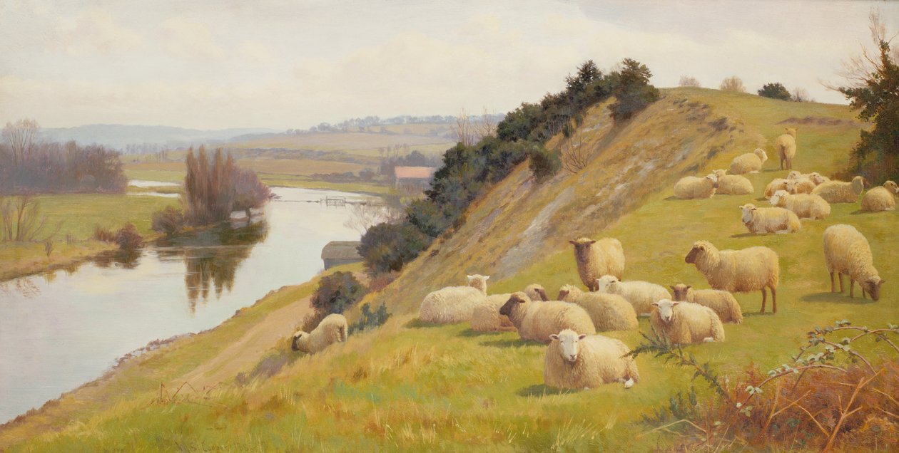 Um pasto à beira do rio com ovelhas de William Sidney Cooper