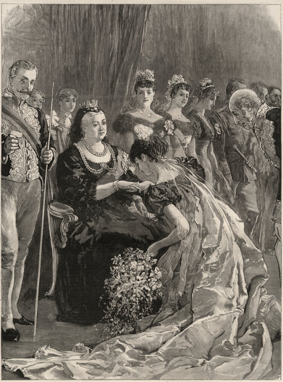 Sala de desenho no Palácio de Buckingham: Debutante beijando a mão da Rainha Victorias de William Smali