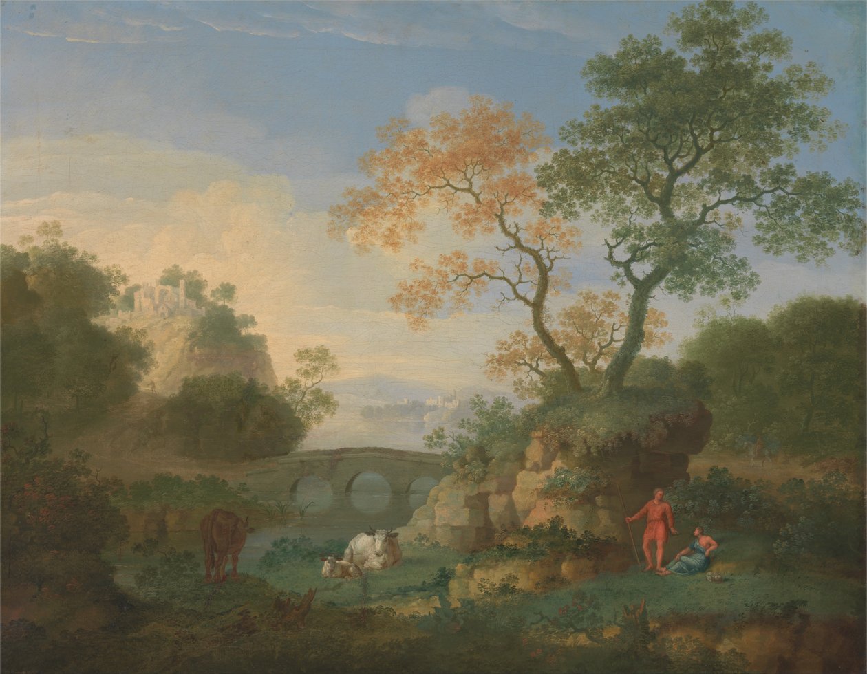 Uma Paisagem com Ruínas Clássicas Distantes, Ponte, Figuras e Gado de William Smith