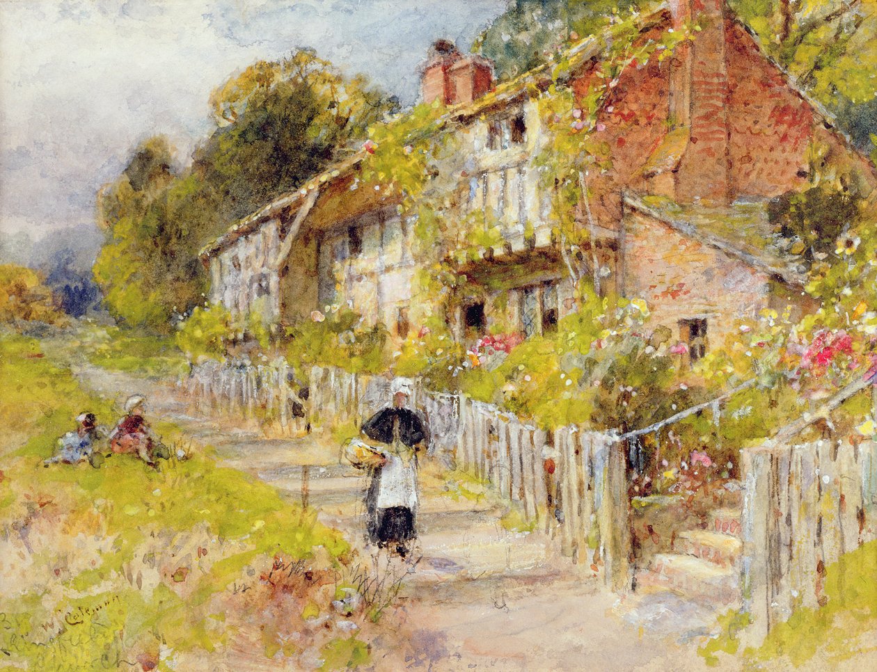 Cottages - uma fileira de casas com uma figura e outras crianças brincando de William Stephen Coleman