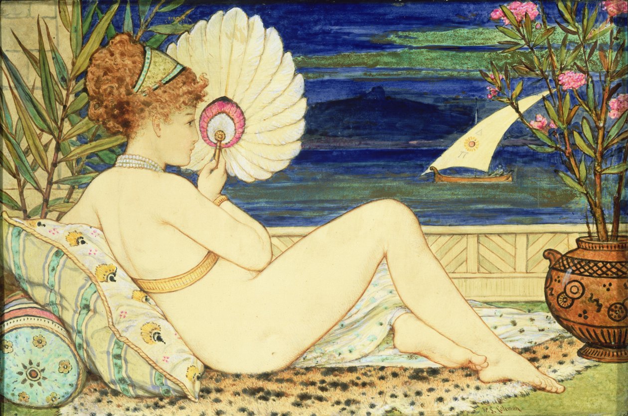Mulher com um fã, Minton Art Pottery, c.1872 (telha pintada) de William Stephen Coleman