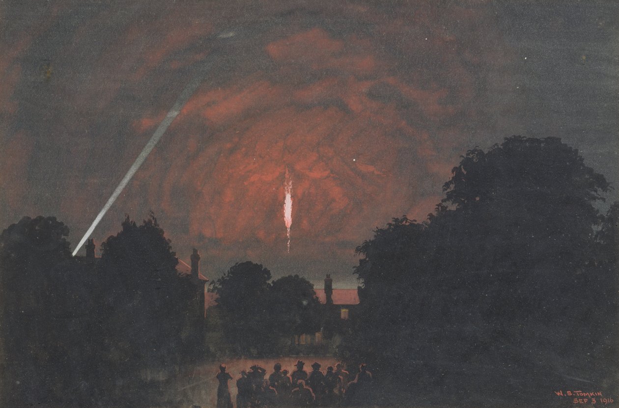 O zepelim que caiu em Cuffley, 1916 (wc e bodycolour no papel) de William Stephen Tomkin