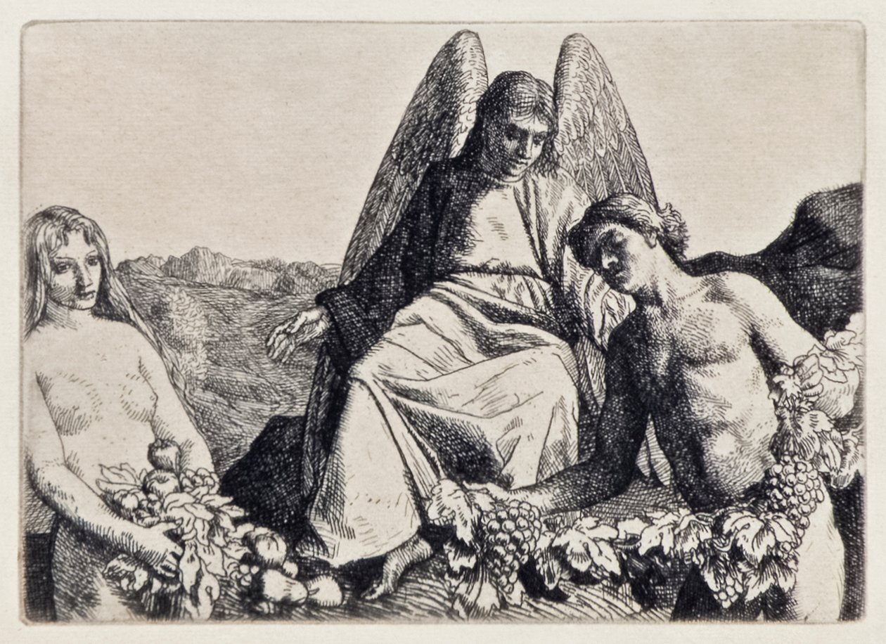 Adão e Eva entreter Raphael do paraíso perdido por John Milton (1608-1674) uma série de 12 ilustrações gravadas por William Strang (1859-1921) de William Strang