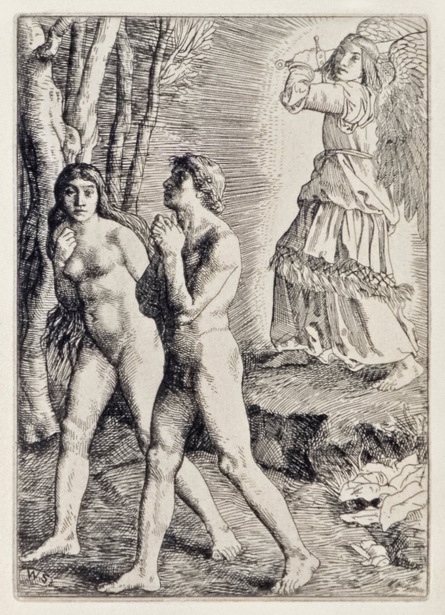 Adão e Eva expulsos do paraíso do paraíso perdido por John Milton (1608-1674) uma série de 12 ilustrações gravadas por William Strang (1859-1921) de William Strang