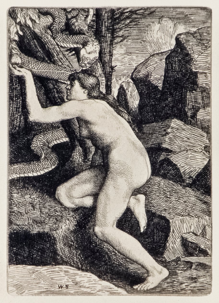 Eva tentada por Satanás na forma de uma serpente do paraíso perdida por John Milton (1608-1674), uma série de 12 ilustrações gravadas por William Strang (1859-1921) de William Strang