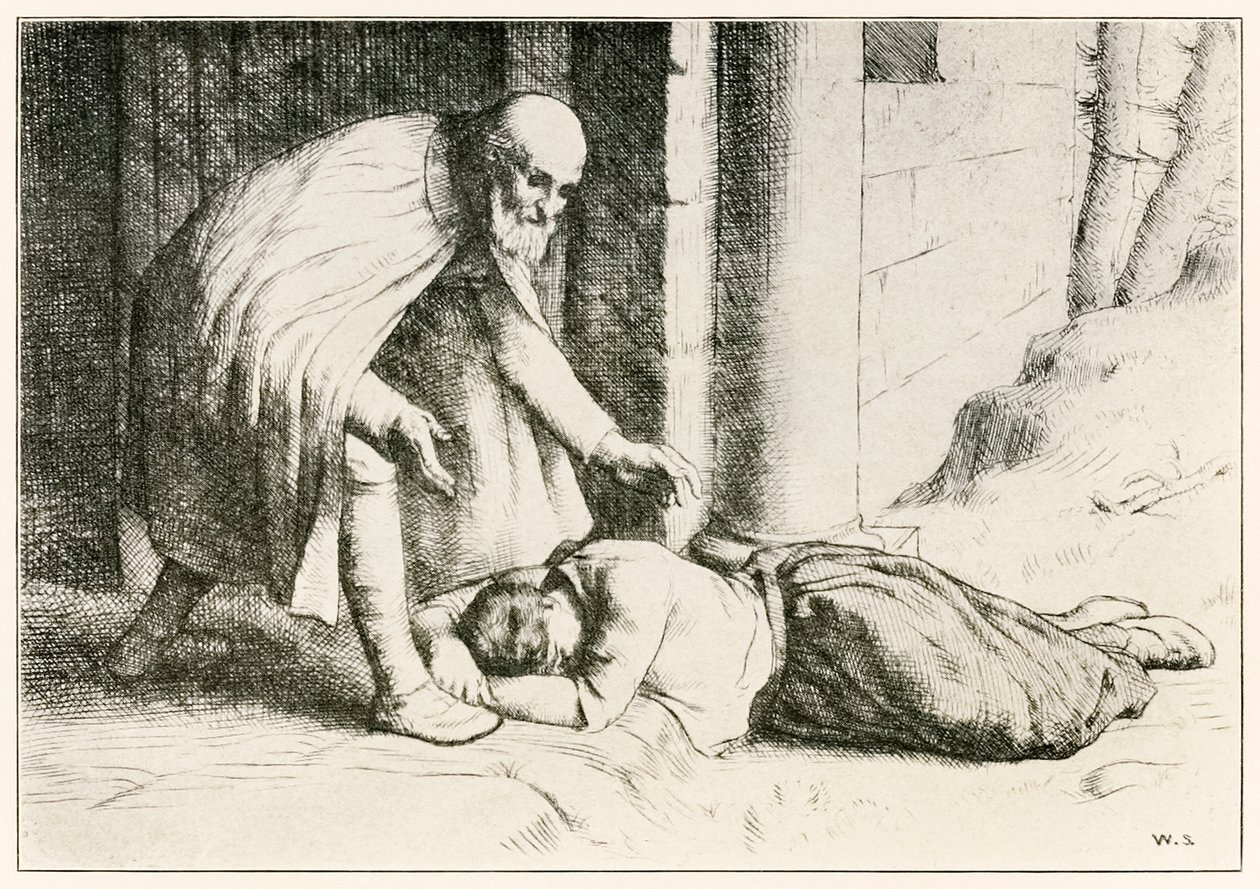 Misericórdia desce antes do portão dos peregrinos Progresso deste mundo, ao que está por vir John Bunyan (1628-1688) ilustração de William Strang (1859-1921) O porteiro ajuda Misericórdia de William Strang