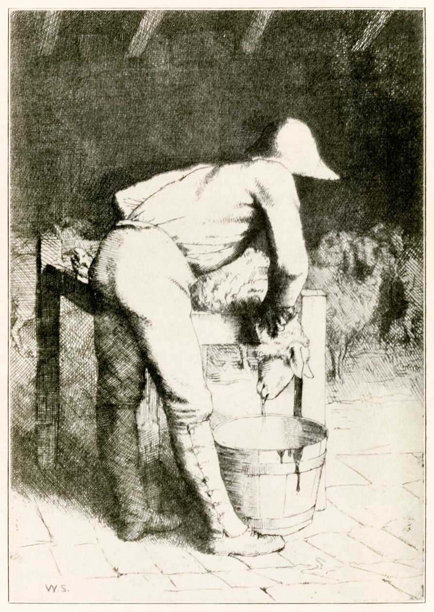O Carniceiro e as Ovelhas dos Peregrinos progridem deste mundo, para o que está por vir John Bunyan (1628-1688) ilustração de William Strang (1859-1921) O carneiro leva sua morte em silenc de William Strang