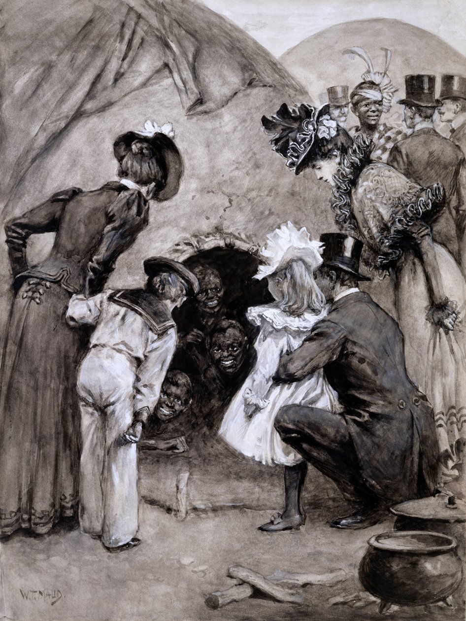 &39;A Peek at the Natives&39;, Savage África do Sul no Earl&39;s Court, 1899 (caneta e lava no papel) de William T. Maud