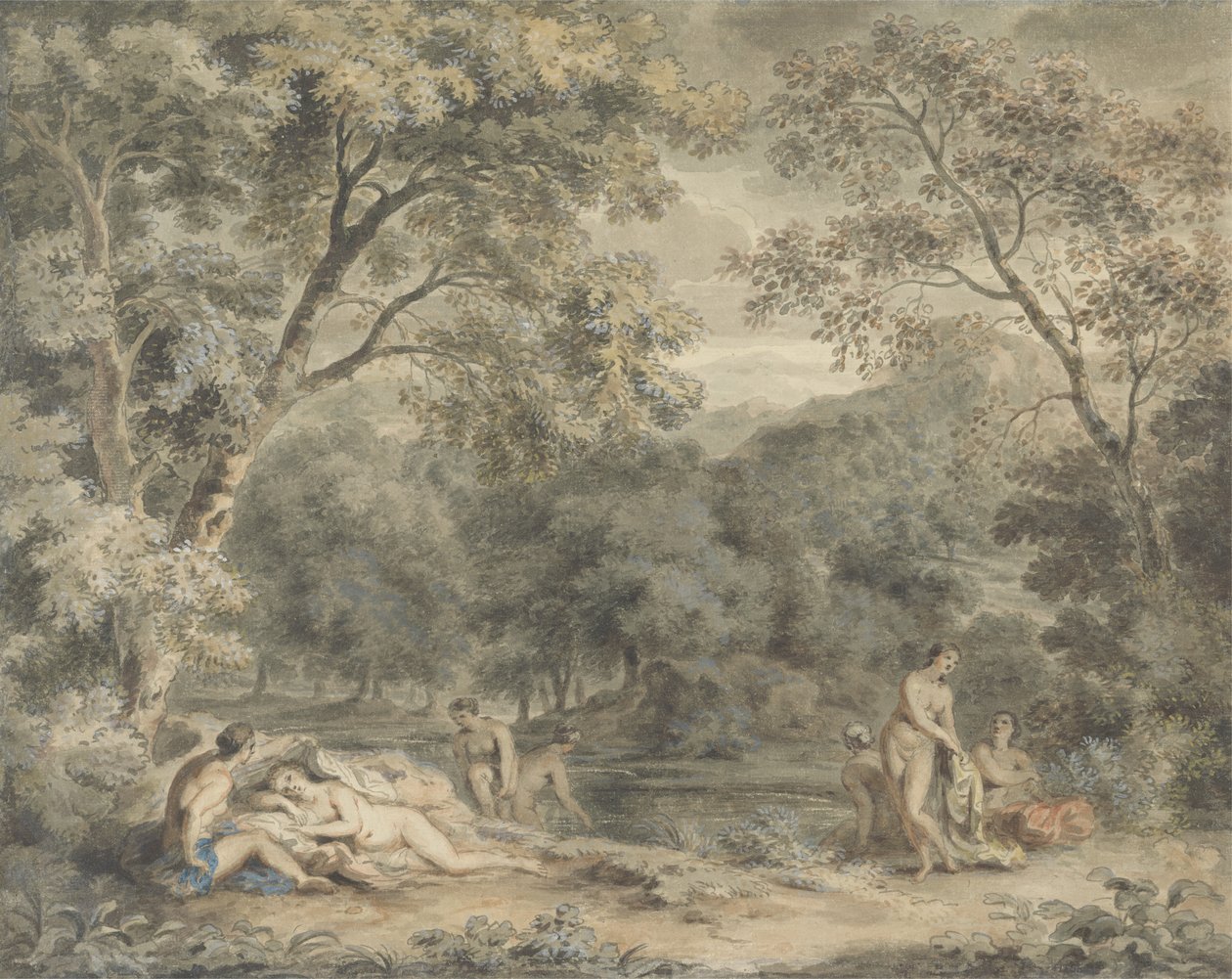 Ninfas tomando banho em uma clareira arborizada, c.1765-70 (wc e guache sobre papel) de William Taverner