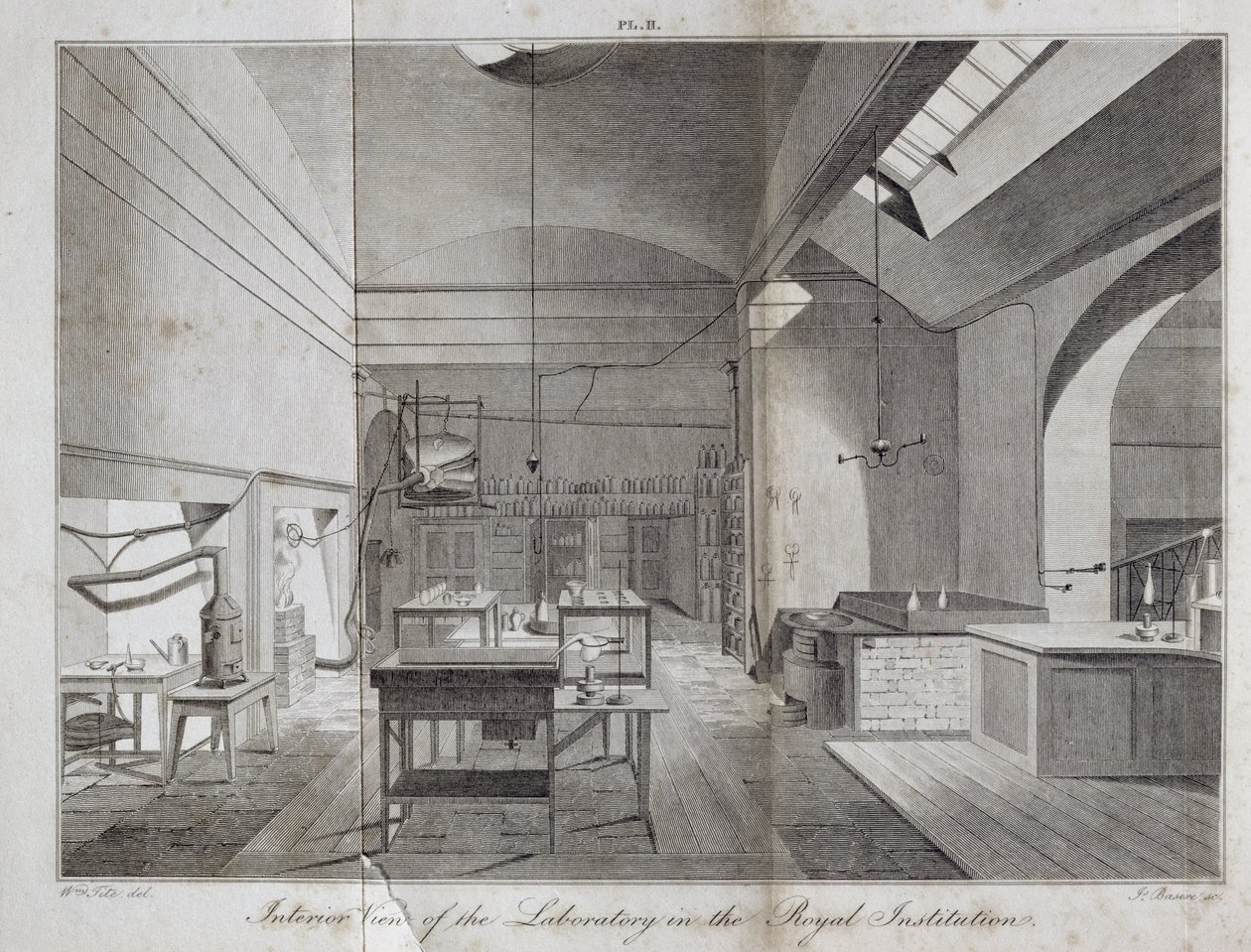 Vista Interior do Laboratório na Royal Institution, gravada por James Basire (1796-1869) de William Thomas Brandes Um Manual de Química, publicado em 1819, 1819 de William Tite