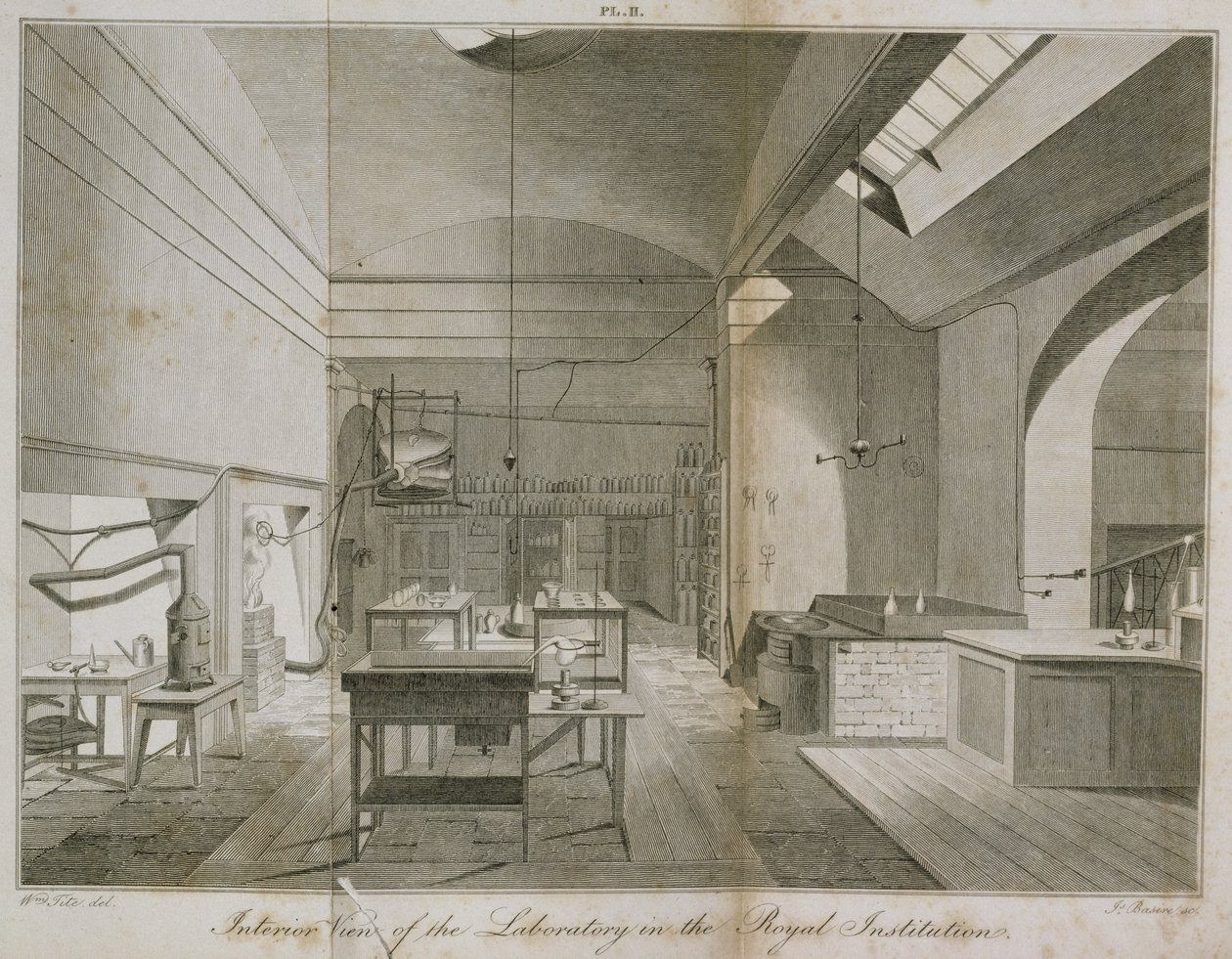 Interior do laboratório do porão Royal Institutions, do Manual de Química, por WT Brande, gravado por James Basire, 1819 gravura de William Tite