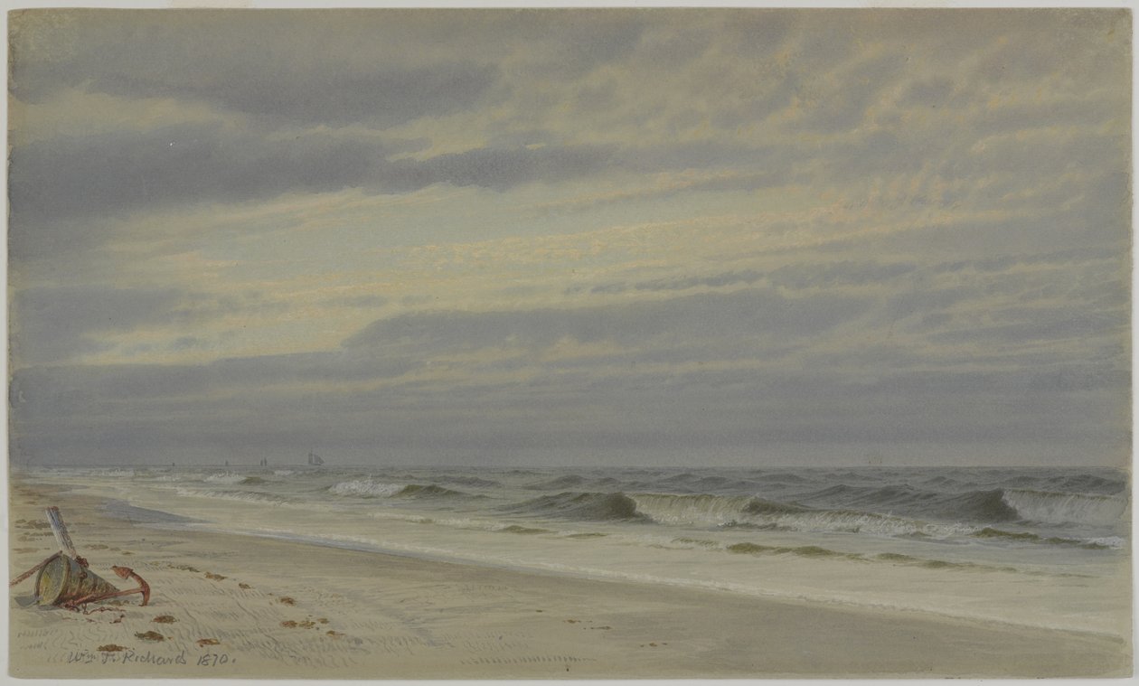 Cena de Praia com Barril e Âncora, 1870 (wc no papel) de William Trost Richards